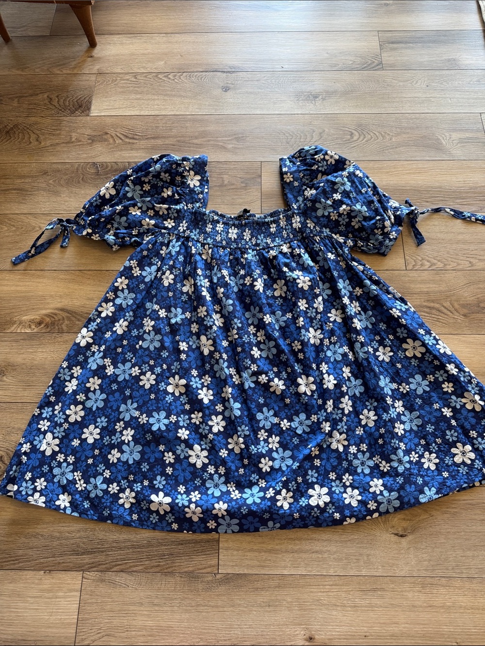 Blue Floral Puff-Sleeve Dress
